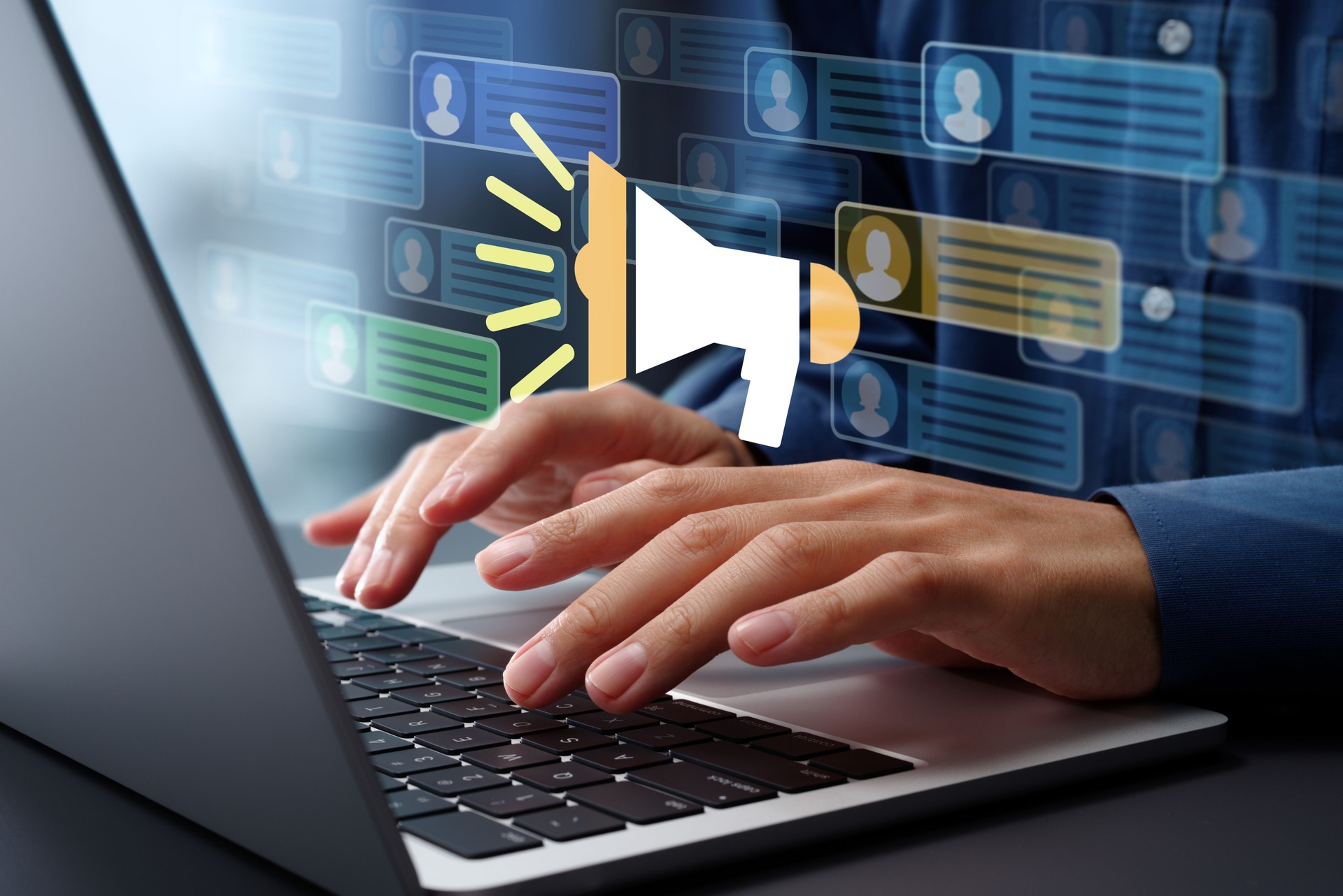 Social media campaigns and marketing strategy. Optimization of target audience and segmentation. Influencer using laptop computer to promote brand. Social media campaigns and marketing strategy. Optimization of target audience and segmentation. Influencer using laptop computer to promote brand.