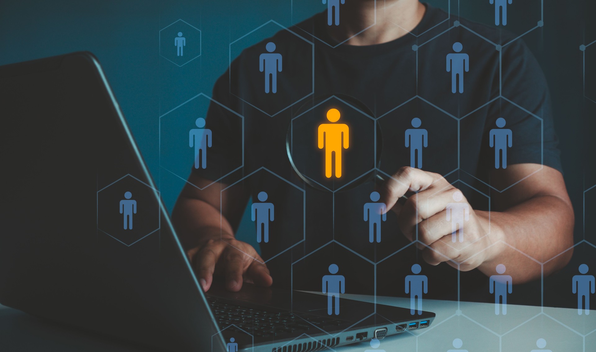 Job Search Human Resources Recruitment Career Business Internet Technology Concept. Concept of recruitment, HR processes, a magnifying glass is used to find the perfect candidate for a job interview. Job Search Human Resources Recruitment Career Business Internet Technology Concept. Concept of recruitment, HR processes, a magnifying glass is used to find the perfect candidate for a job interview.